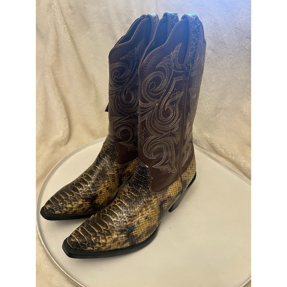 Durango NWT SnakeskinPrint Cowboy Boots Brown Leather Embroidered Shaft Exotic 8
